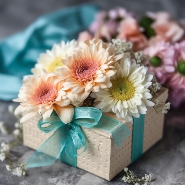 Geschenkbox dekoriert mit einer Schleife und frischen Blumen auf einem Tisch. Hergestellt mit generativen Al-Tools