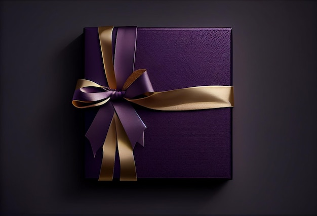 Geschenkbox dunkelviolett mit goldener Schleife oben auf dunklem strukturiertem Hintergrund. Generieren Sie Ai