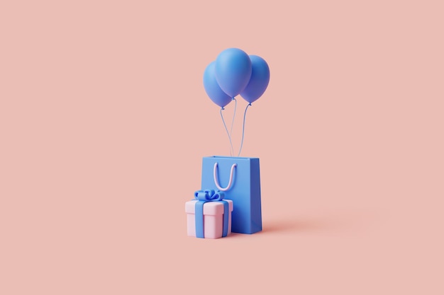 Geschenkbox-Einkaufstasche und Luftballons auf pastellrosa Hintergrund 3D-Renderillustration