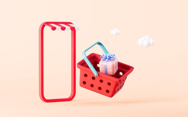 Geschenkbox im Warenkorb fliegt aus dem Handy-Shopping-Online-Konzept 3D-Rendering