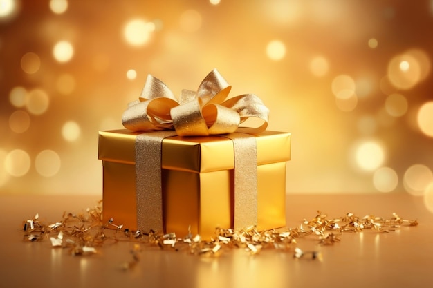 Geschenkbox in Gold auf einem Hintergrund aus gelber generativer KI