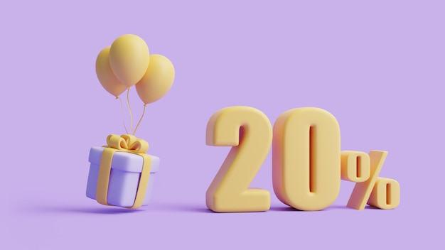 Geschenkbox-Luftballons und Zwanzig-Prozent-Schild auf pastellviolettem Hintergrund Weihnachtsdekoration 3D-Rendering
