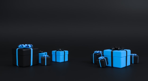 Geschenkbox mit Band auf schwarzem Hintergrund. Minimales Konzept. 3D-Rendering