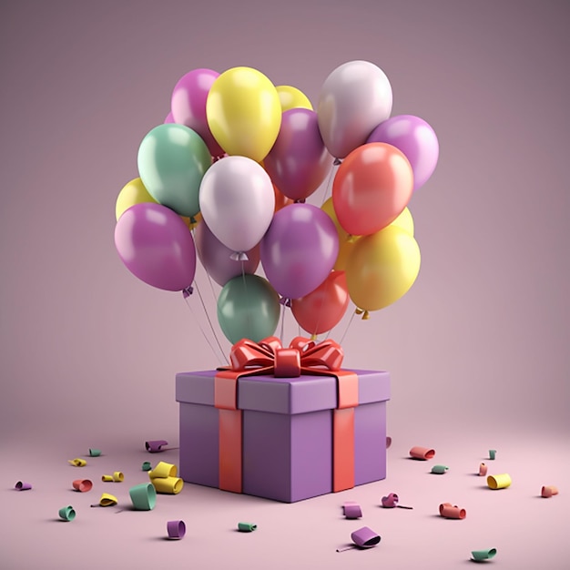 Geschenkbox mit Band und Luftballons auf blauem Hintergrundkonzept für Überraschung und Geschenk