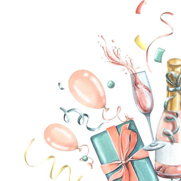 Geschenkbox mit einer Flasche und einem Glas Champagner mit Luftballons und Konfetti in Pink und Blau