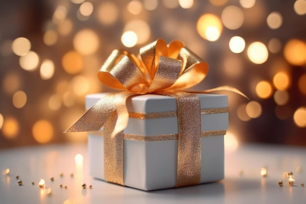 Geschenkbox mit goldenem Band auf goldenem Bokeh-Hintergrund