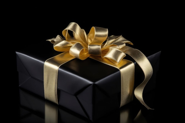 Geschenkbox mit goldenem Satinband und Schleife auf gelbem Hintergrund Generative KI