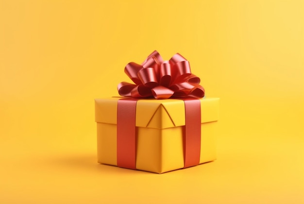 Geschenkbox mit goldenem Satinband und Schleife auf gelbem Hintergrund Weihnachtsgeschenk mit generativem Kopierraum