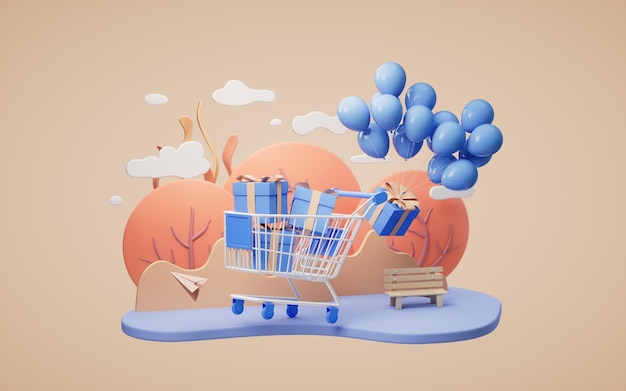 Geschenkbox mit Luftballons mit 3D-Rendering im Cartoon-Stil