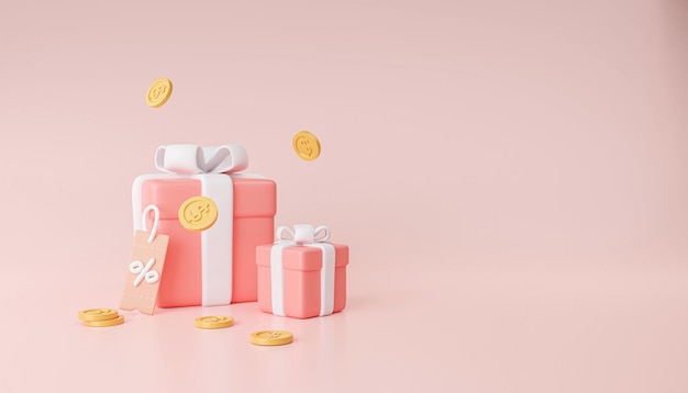 Geschenkbox mit Münzen auf rosa gelbem Farbkonzept und minimaler 3D-Darstellung im Banner-Stil