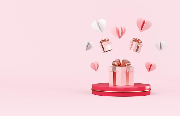 Geschenkbox mit Papierherzen auf Sockel Valentinstag Urlaub Hintergrund 3D-Rendering illustratio