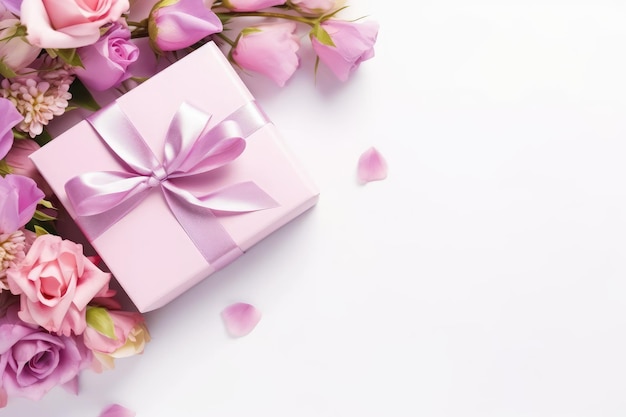 Geschenkbox mit rosa Blumen auf weißem Hintergrund Geburtstagskonzept