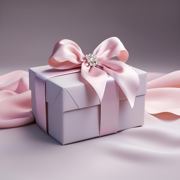 Geschenkbox mit rosa Schleife und Dekoration auf grauem Hintergrund