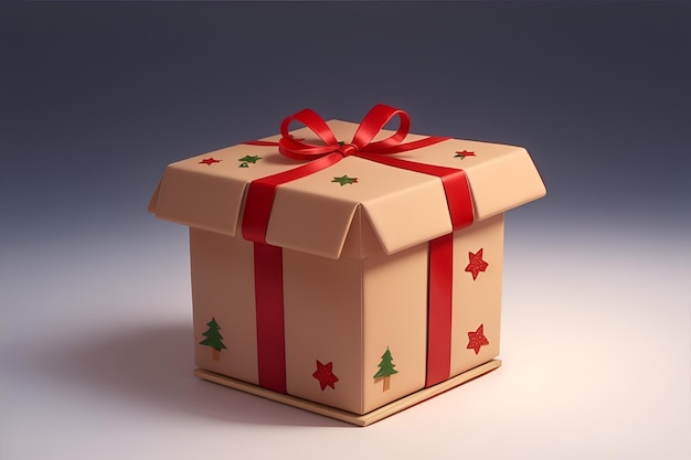 Geschenkbox mit rotem Band und Weihnachtsbeleuchtung 3D-Rendering-Stil AI generiert