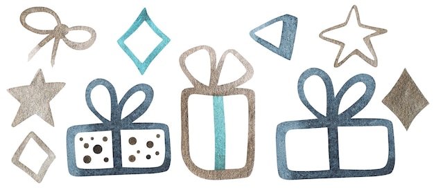 Geschenkbox mit Symbol für die Schleifenlinie Lineares Piktogramm isoliert auf Weiß Aquarellillustration Blaue türkisfarbene goldene Sterne Rautenschleife