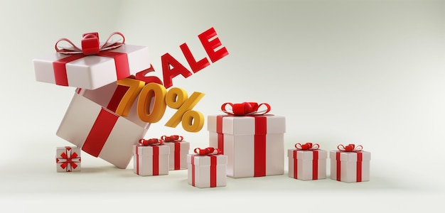 Geschenkbox mit Verkauf von bis zu 70 Rabattaktionen mit Kopierbereich Weihnachtsverkauf 3D-Render-Banner-Design