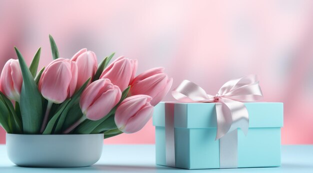 Geschenkbox Tulpen mit Blumenstrauß auf Hintergrund rosa Farbe