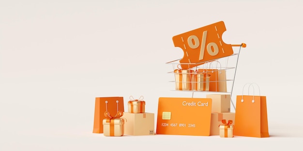 Geschenkbox und einkaufstasche im einkaufswagen erhalten rabattcode bei zahlung per kreditkarte 3d-illustration