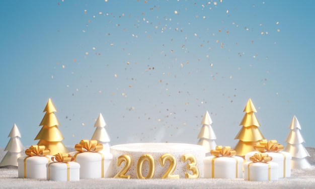 Geschenkbox und goldenes Nummernschild 2023 mit rundem Podium 3D-RenderingFrohes neues Jahr