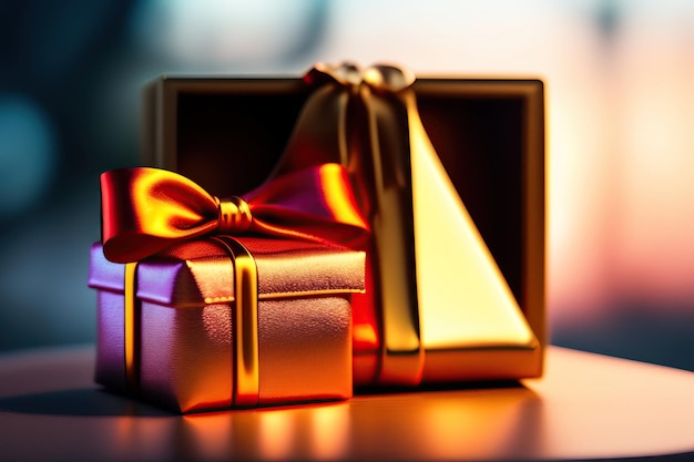 Geschenkbox und Laptop mit Bokeh-Hintergrund