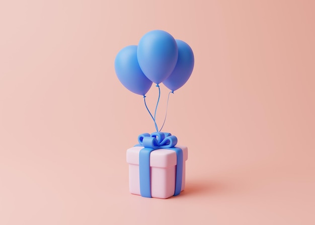 Geschenkbox und Luftballons auf pastellrosa Hintergrund Weihnachtsdekoration Festliche Geschenküberraschung 3D-Rendering