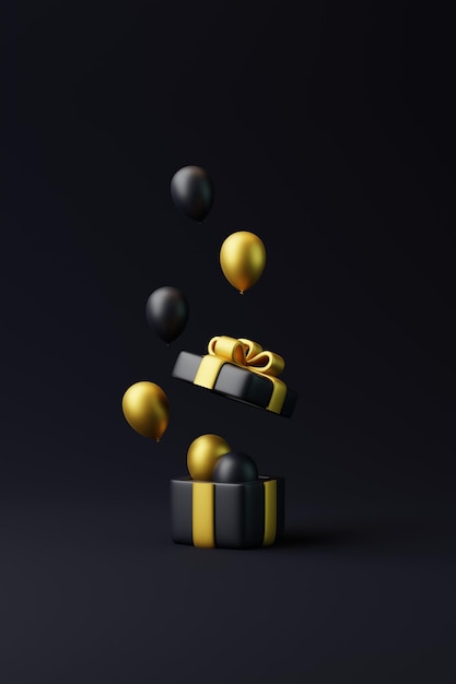 Geschenkbox und Luftballons auf schwarzem Hintergrund Festliche Geschenküberraschung 3D-Renderillustration