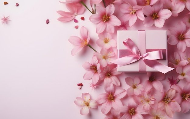 Geschenkbox und schöne Blumen auf weißem Hintergrund mit Platz für Text oder Einladung