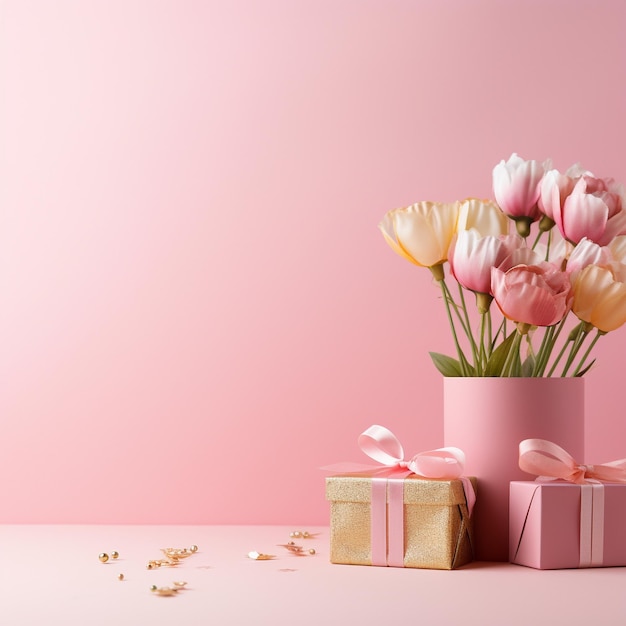 Geschenkbox und Tulpenstrauß auf rosa Hintergrund