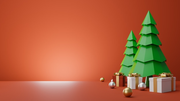 Geschenkbox und weihnachtsbaum podium