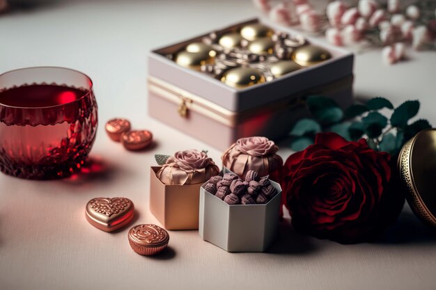 Geschenkbox zum Valentinstag Herz und Rosen Generative KI im Vintage-Stil