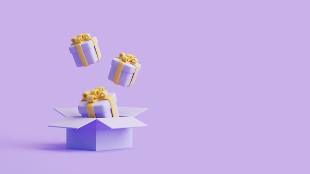 Foto geschenkboxen auf pastellviolettem hintergrund feiertagsdekoration festliche geschenküberraschung 3d-rendering