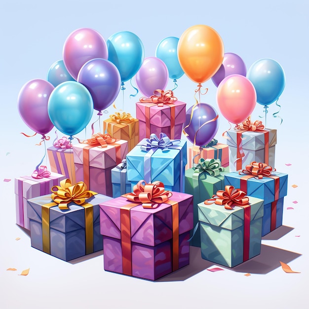 Geschenkboxen mit bunten Bändern und Luftballons Vektorillustration Generative KI