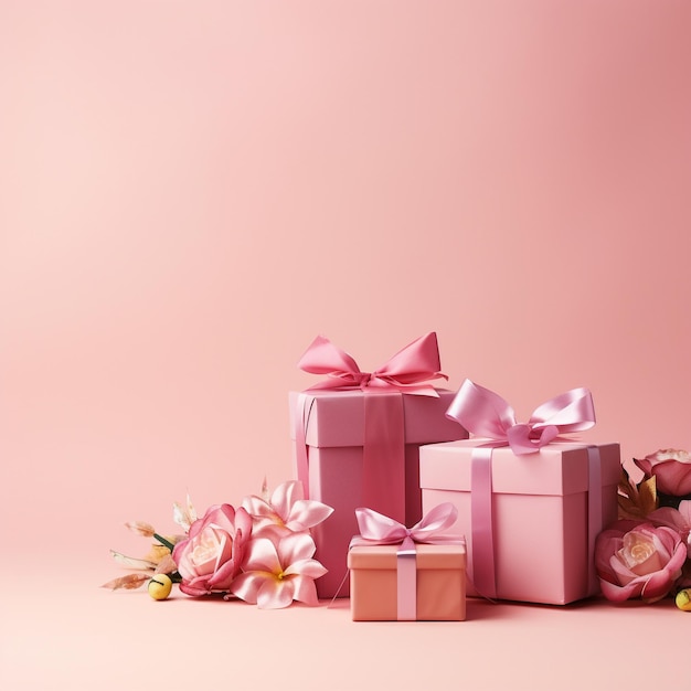 Geschenkboxen mit rosa Schleifen und Blumen auf pastellrosa Hintergrund