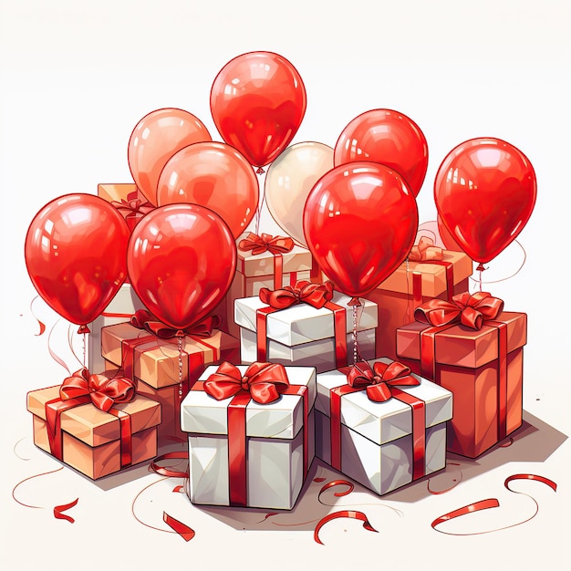 Geschenkboxen mit roten Luftballons und Bändern Vektorillustration Generative KI