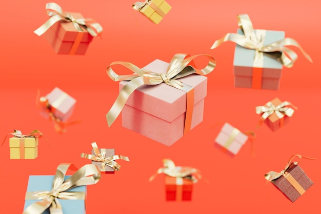 Geschenkboxen oder Geschenk in Kraftpapier verpackt Weihnachtsgeschenke auf rotem Hintergrund 3D-Render