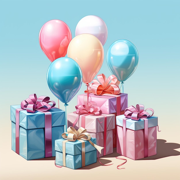 Geschenkboxen und Luftballons auf blauem Himmelshintergrund. Vektorillustration. Generative KI