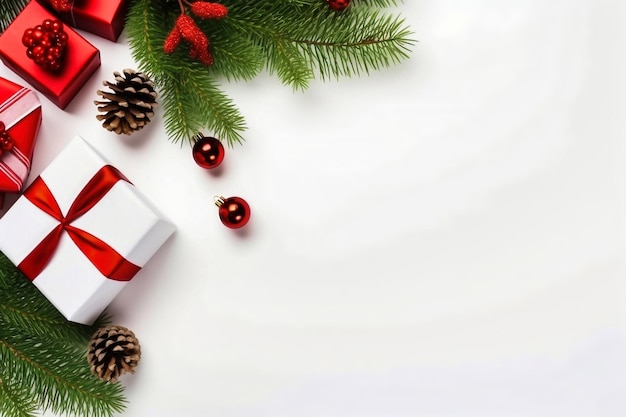 Geschenkboxen und Weihnachtsdekorationen auf weißem Hintergrund. Weihnachtsbaumzweige und -zapfen. Festlicher Rahmen für eine Grußkarte. Platz für Kopien