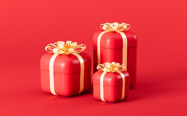 Geschenke aller Größen im 3D-Rendering mit rotem Hintergrund