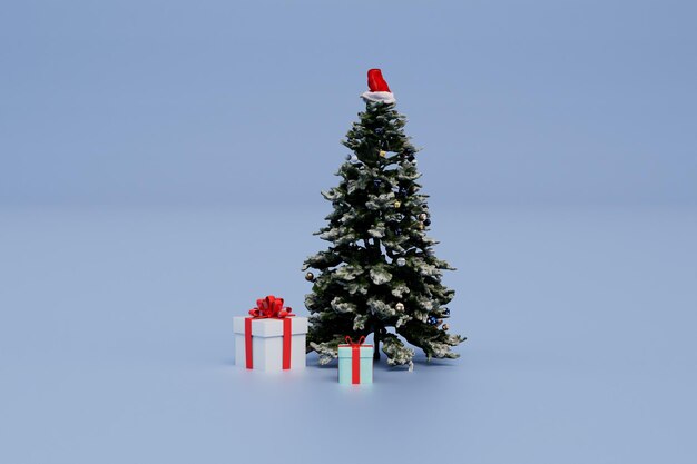 Geschenke für Weihnachten Weihnachtsbaum, unter dem Geschenke auf blauem Hintergrund 3D rendern