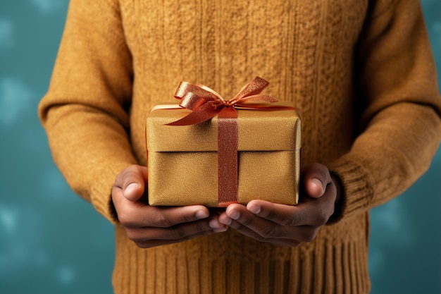 Geschenke in den Händen auf einem minimalen farbigen Hintergrund, Neujahrs- und Weihnachtsfeiertage