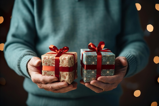 Geschenke in den Händen auf einem minimalen farbigen Hintergrund, Neujahrs- und Weihnachtsfeiertage