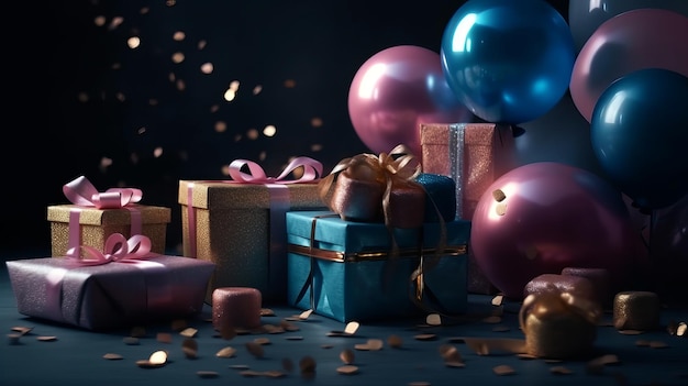 Geschenke Luftballons unscharfer Hintergrund Generative AI