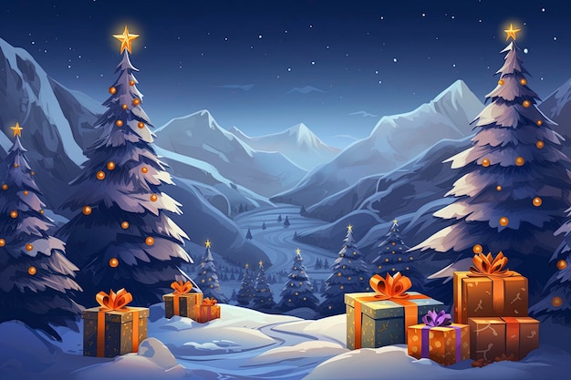 Geschenke mit leuchtendem Weihnachtsbaum in der Nacht im Schnee im Stil der 2D-Spielkunst