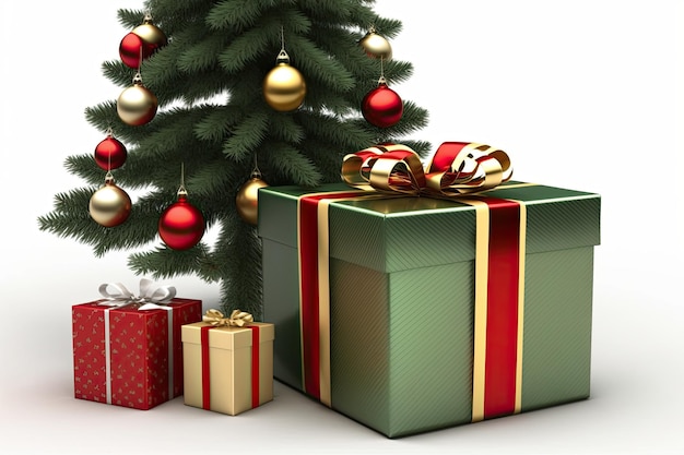 Geschenke und ein Weihnachtsbaum vor einem weißen Hintergrund