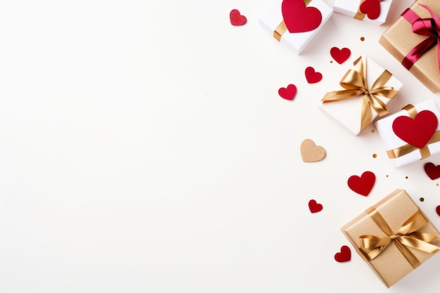 Geschenke und Herzen auf weißem Hintergrund Top-View Valentinstagskonzept Generative KI-Illustration