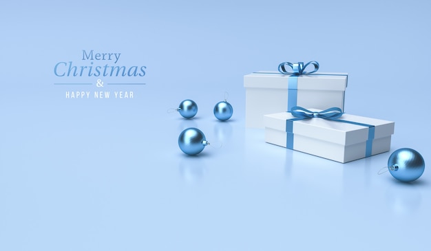 Geschenke und Weihnachtsbälle auf blauem Studiohintergrund mit Text der frohen Weihnachten und des guten Rutsch ins Neue Jahr für Grußkarten, Designplakat und Websites. 3D-Rendering