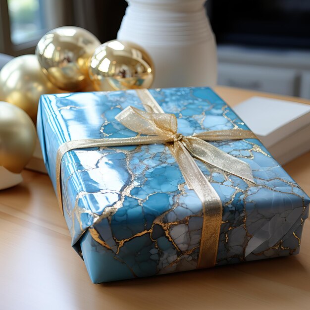 Geschenkkiste in blauen Tönen auf dem Tisch Nahaufnahme Selektiver weicher Fokus