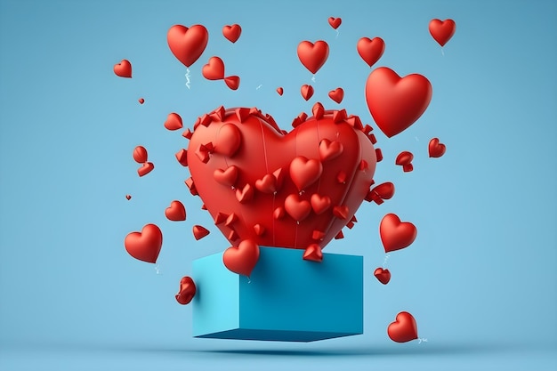 Geschenkkiste mit fliegenden roten Herzen und blauem Hintergrund