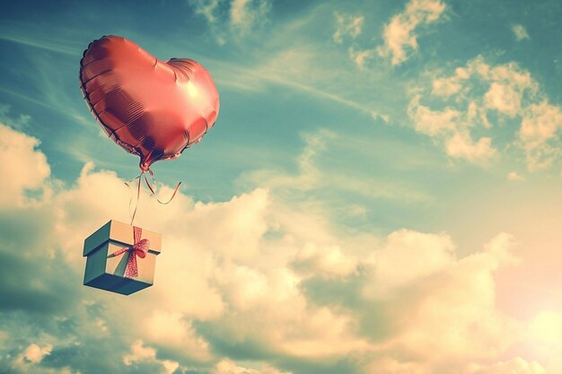 Foto geschenkkiste mit herzballon, der im himmel schwebt