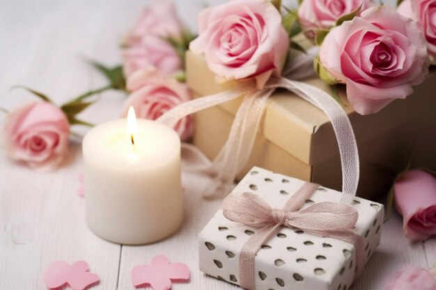 Geschenkkiste mit rosa Rosendekoration und angezündeter Kerze